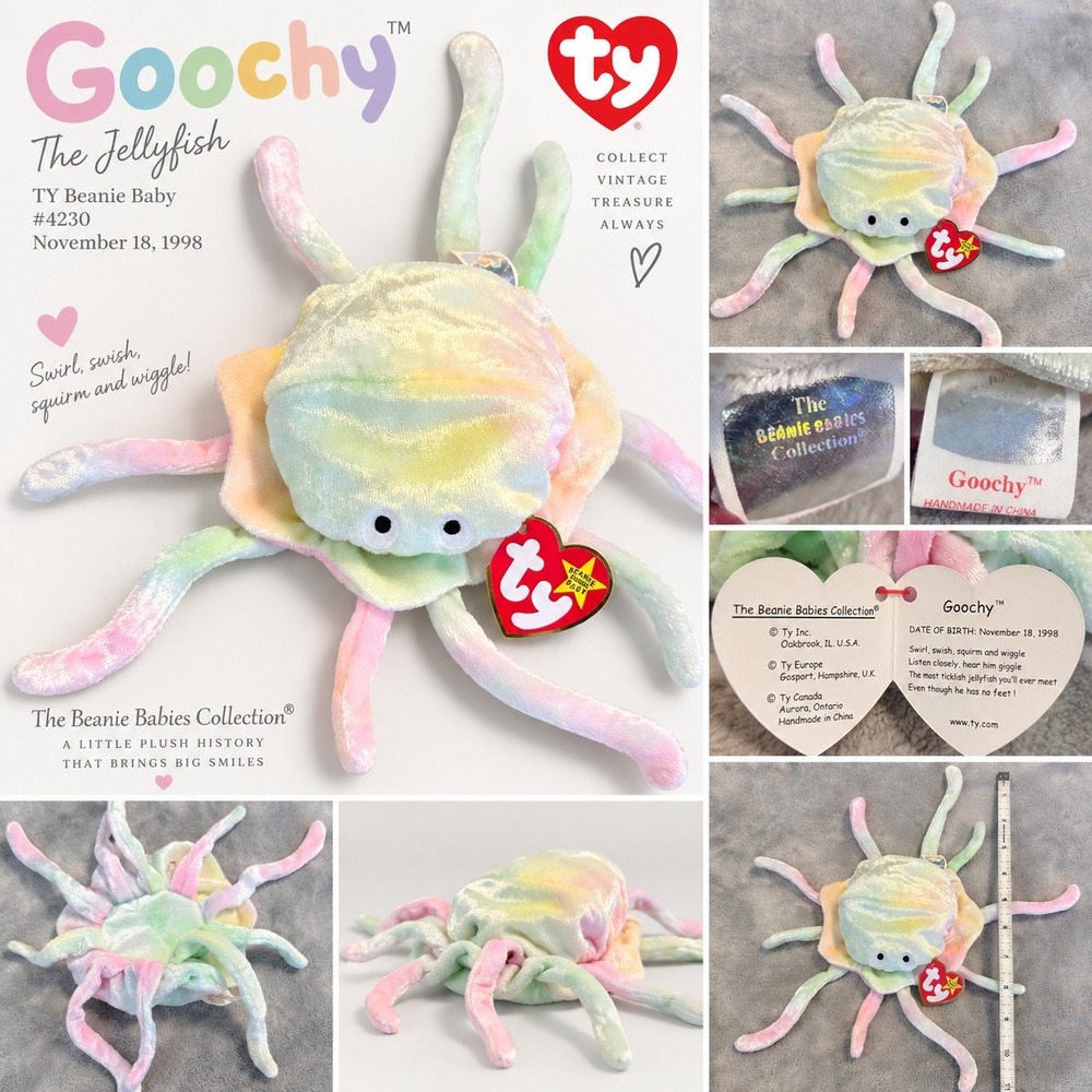 Vintage TY Beanie Baby Goochy Jellyfish 1998 Pastel Rainbow Plush Tags #4230